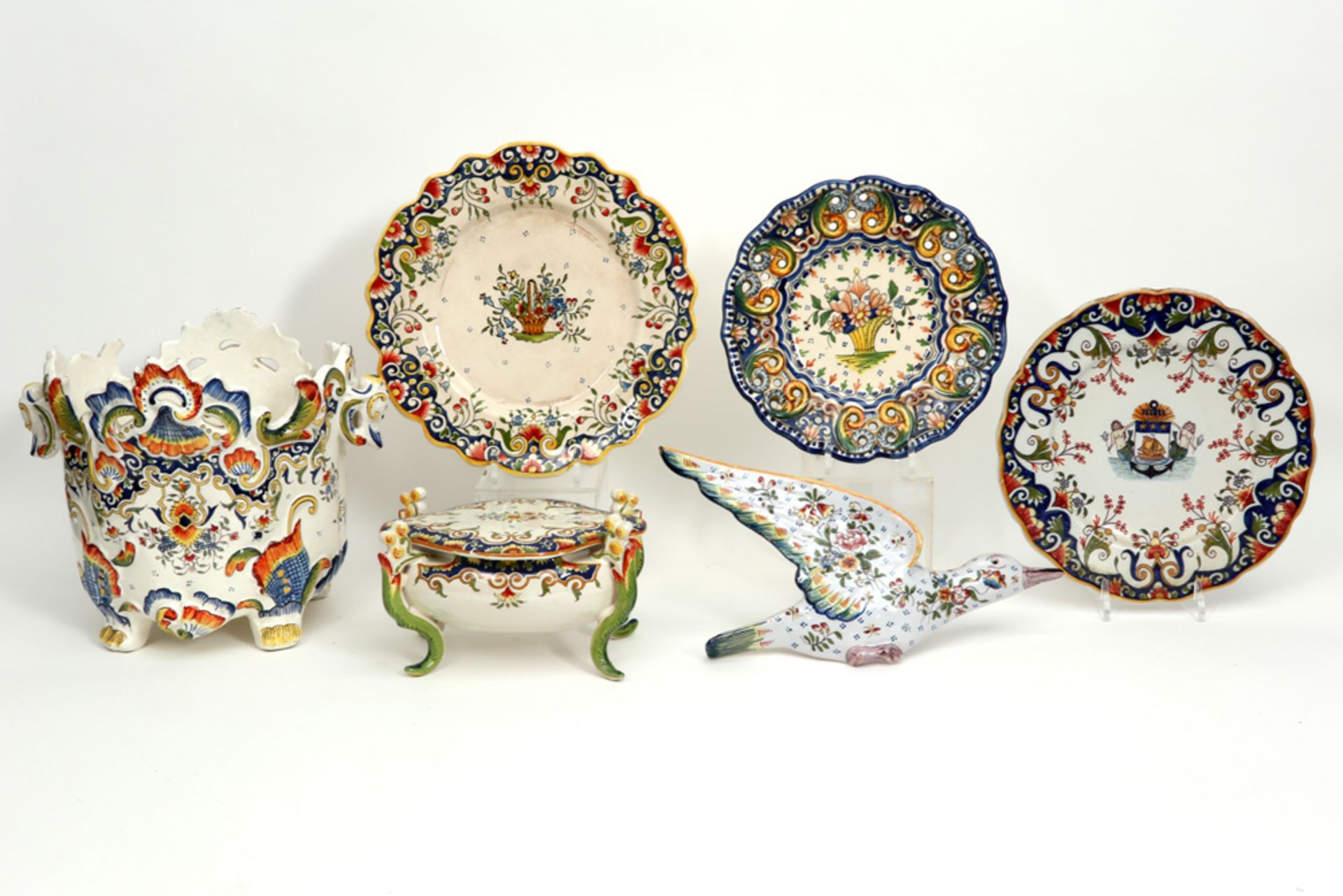 six pieces of French ceramic from Rouen with polychrome decors