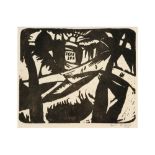 rare early 20th Cent. Belgian expressionist style "Landscape" woodcut - signed Gust(ave) De Smet and