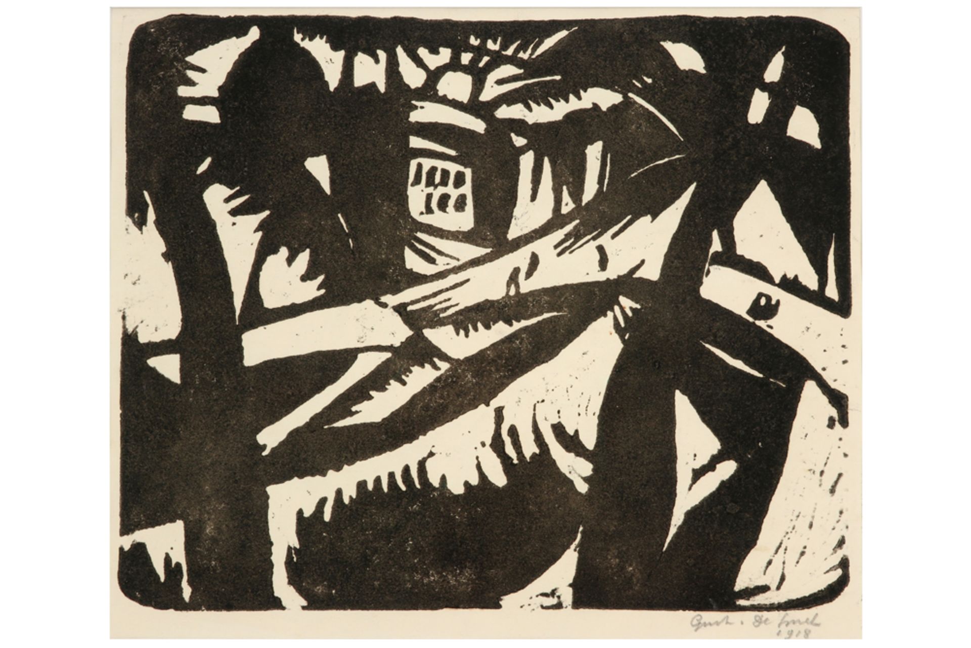 rare early 20th Cent. Belgian expressionist style "Landscape" woodcut - signed Gust(ave) De Smet and