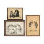 an illegibly signed drawing (Two Girls) and two lithographs with BS monogram