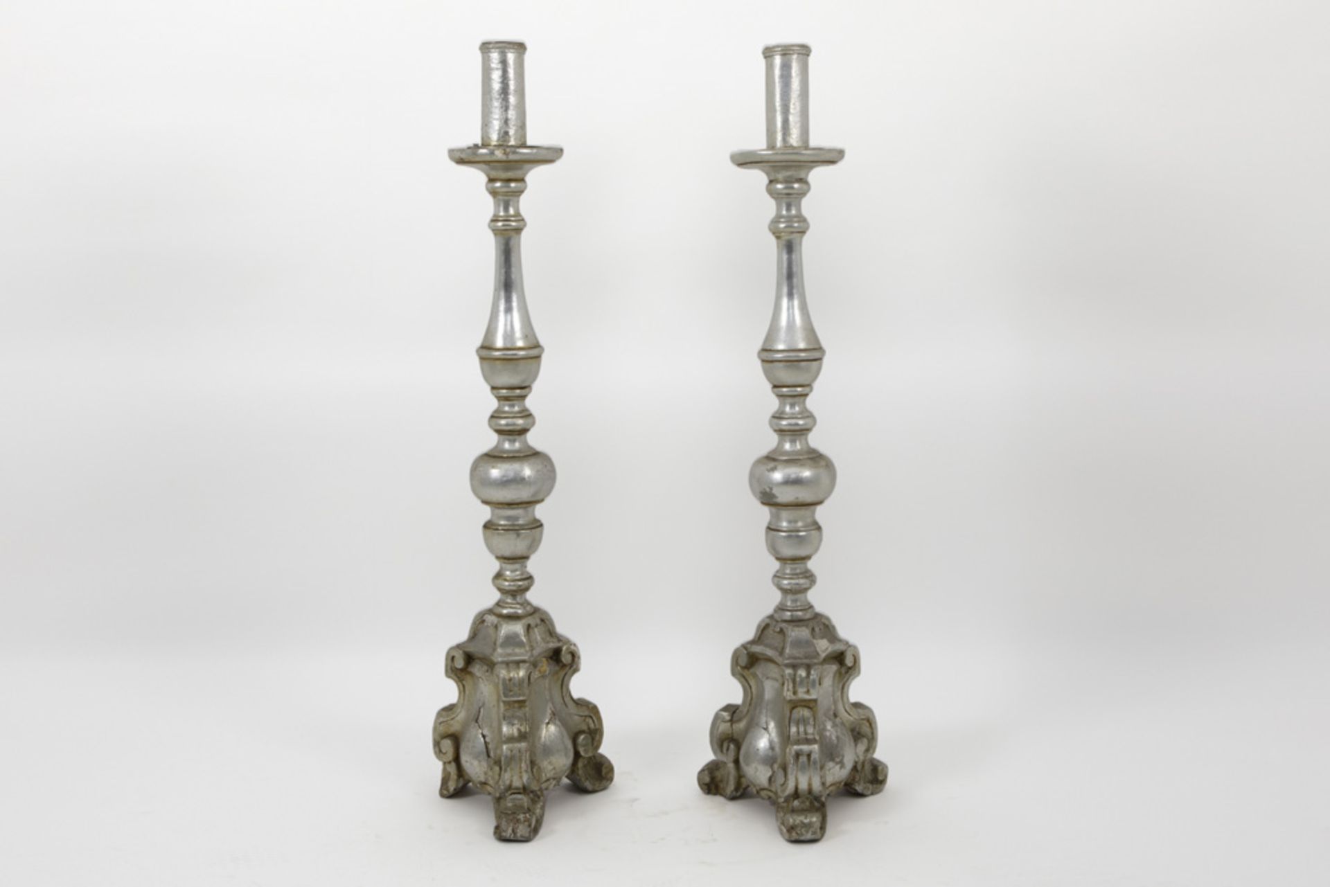 pair of quite big  antique (church)candlesticks in silvered wood - Image 2 of 2