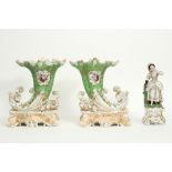 three pieces of antique French porcelain from Paris : a figure and a pair of vases