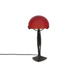 Le Fer forgé H.F. marked Art Deco lamp in wrought iron and with red glass shade