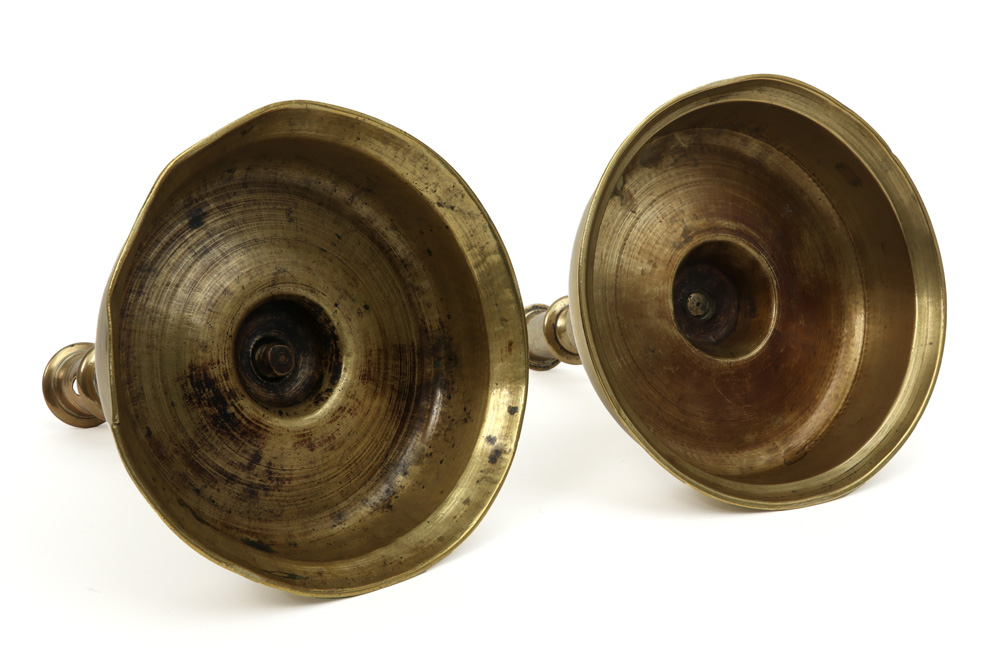 two 17th Cent. Spanish brass candlesticks on a round base - Image 3 of 3