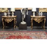 rare pair of antique Italian baroque style consoles with elegant design and special polychromy with