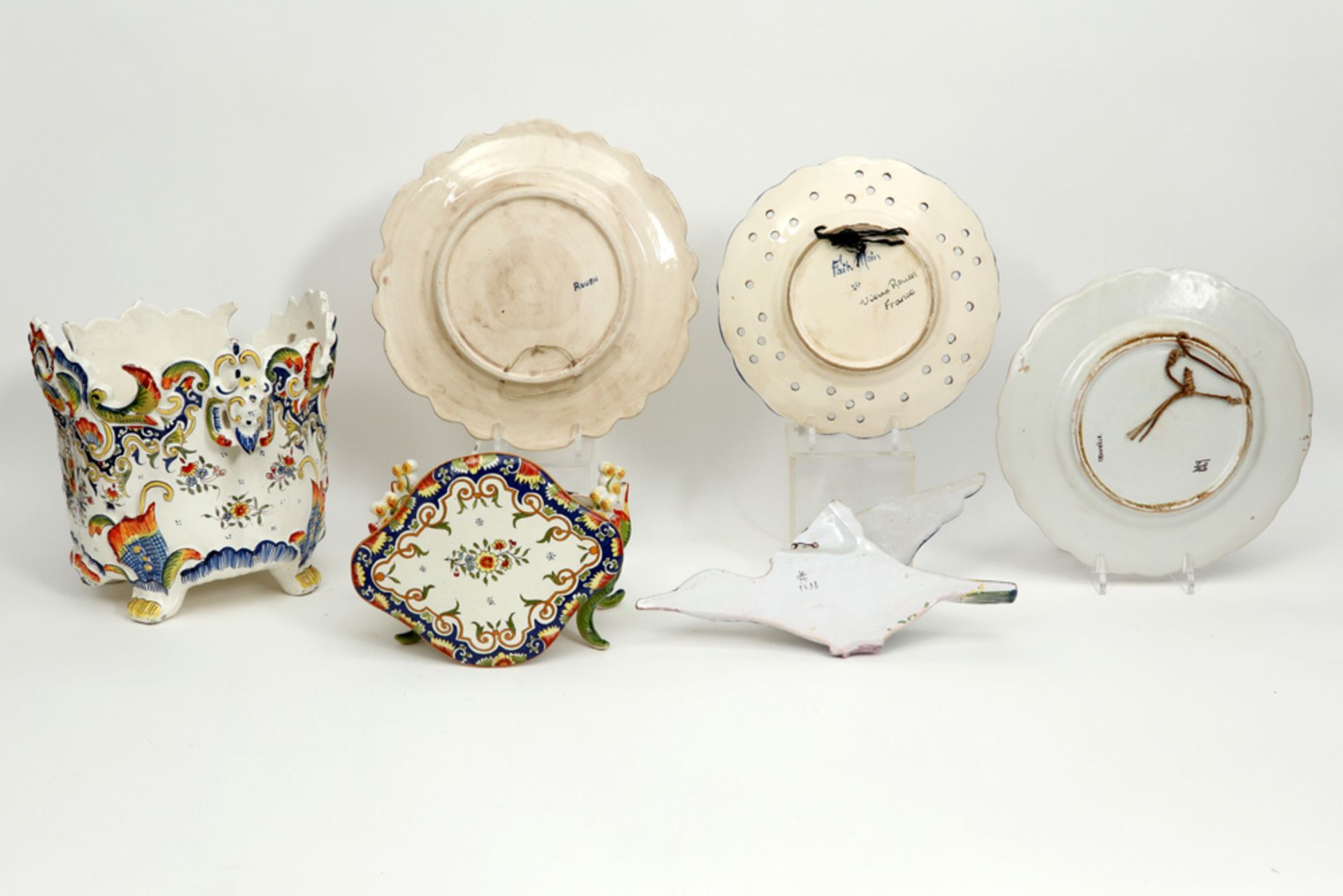 six pieces of French ceramic from Rouen with polychrome decors - Image 2 of 2