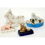 four inkstands, two antique porcelain ones and two (with dog) in Wedgwood ceramic