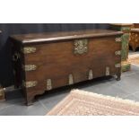 nice 17th/18th Cent. Dutch "VOC" - chest in a blonde, exotic type of wood with typical copper mounti