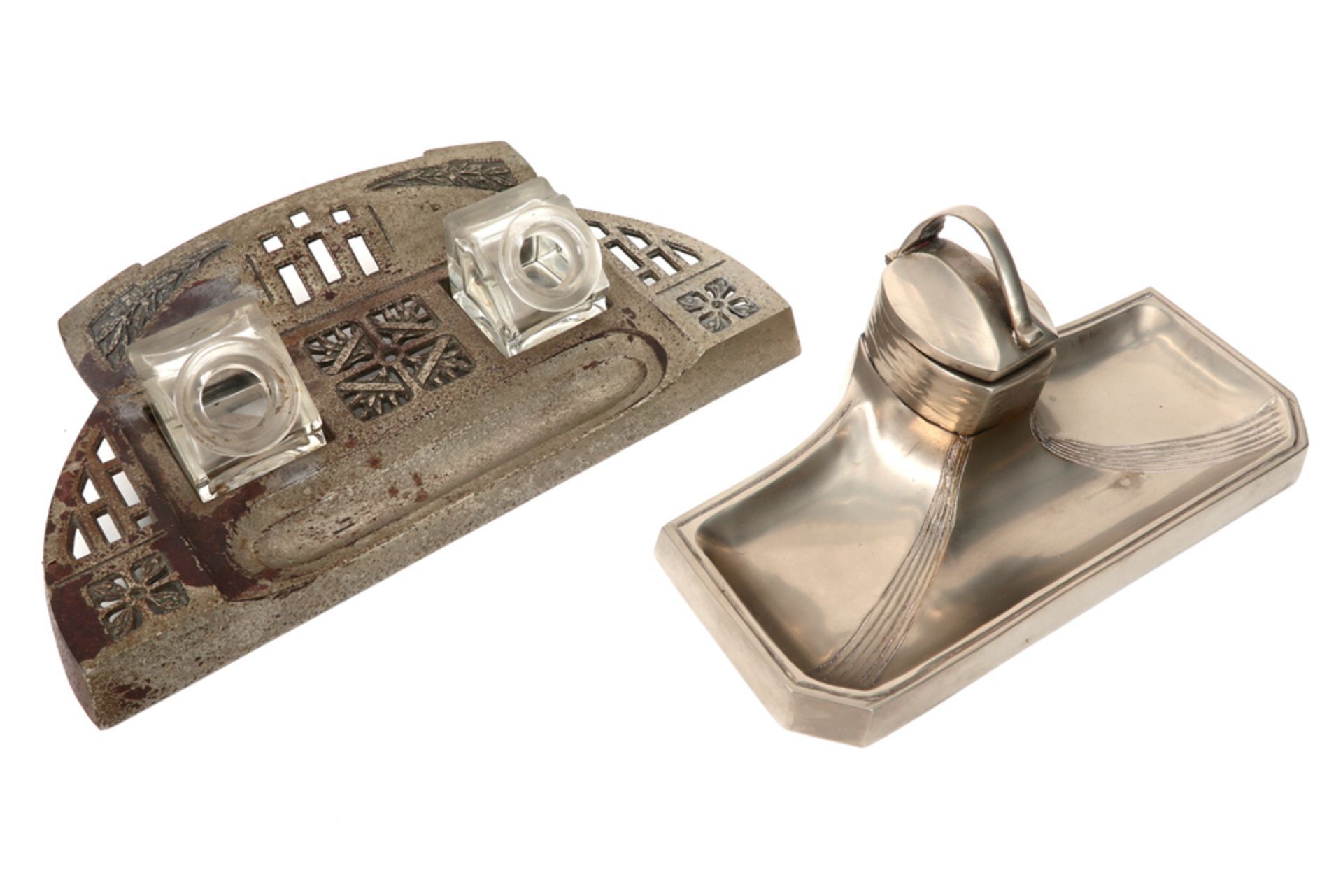 two Jugendstil inkstands, one with two glass inkwells