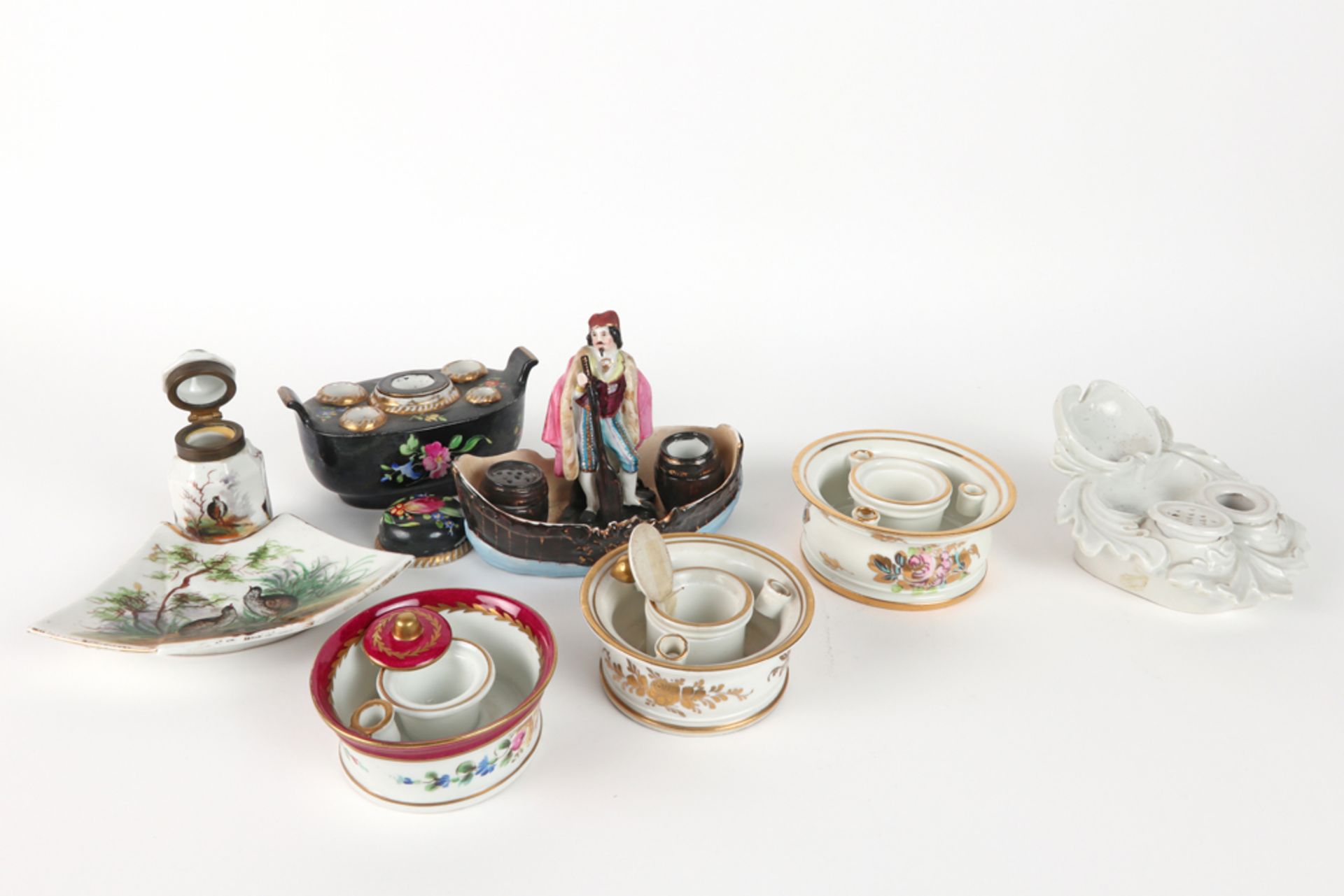 seven antique and old inkstands in porcelain, one with a figure standing in a boat - Image 2 of 2