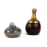 two inkwells : an antique one with a coconut and brass mounting and a twenties' Scottish "Curling st
