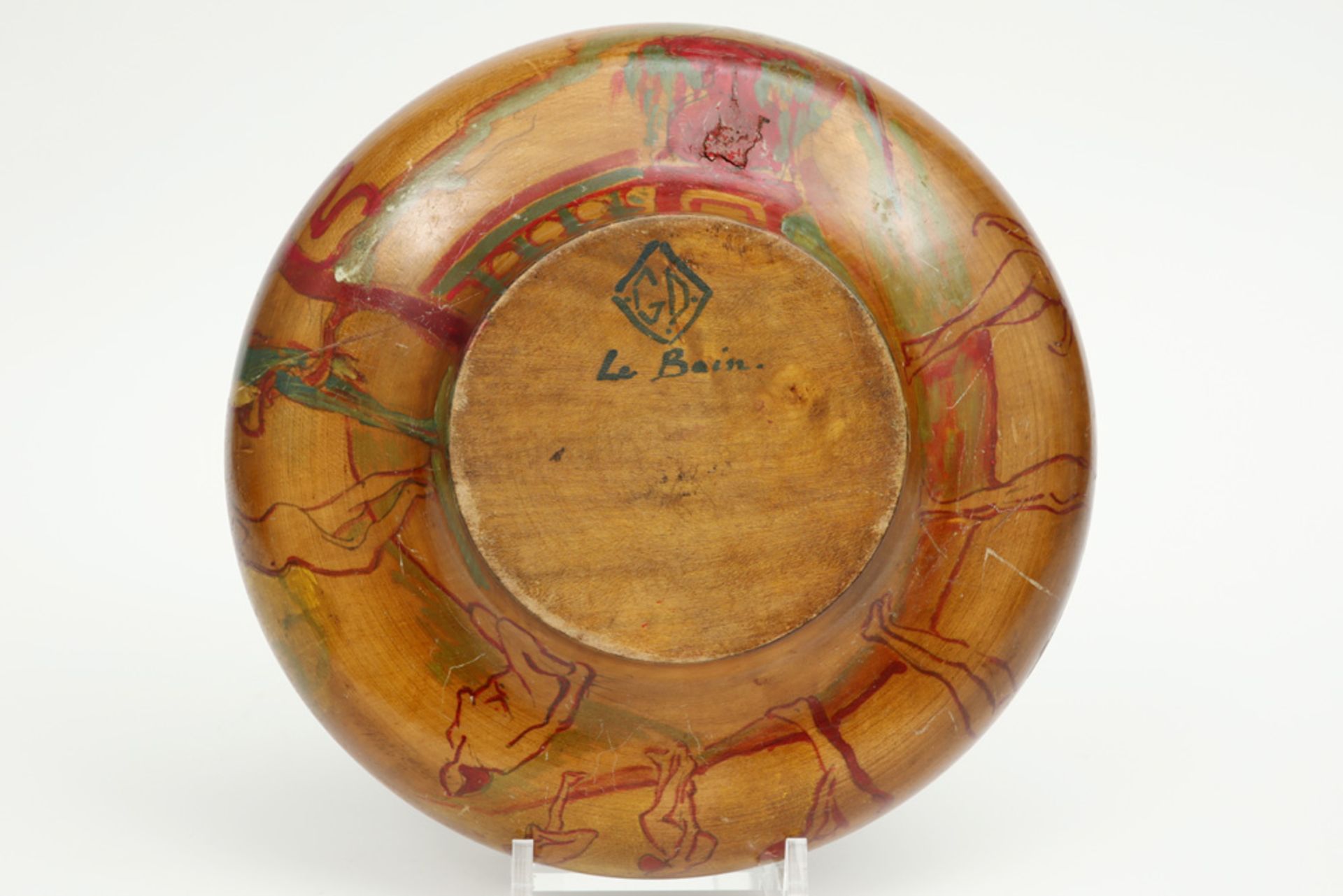 twenties' Art Deco bowl in wood with a painted decor - with "G D" monogram - Image 3 of 4