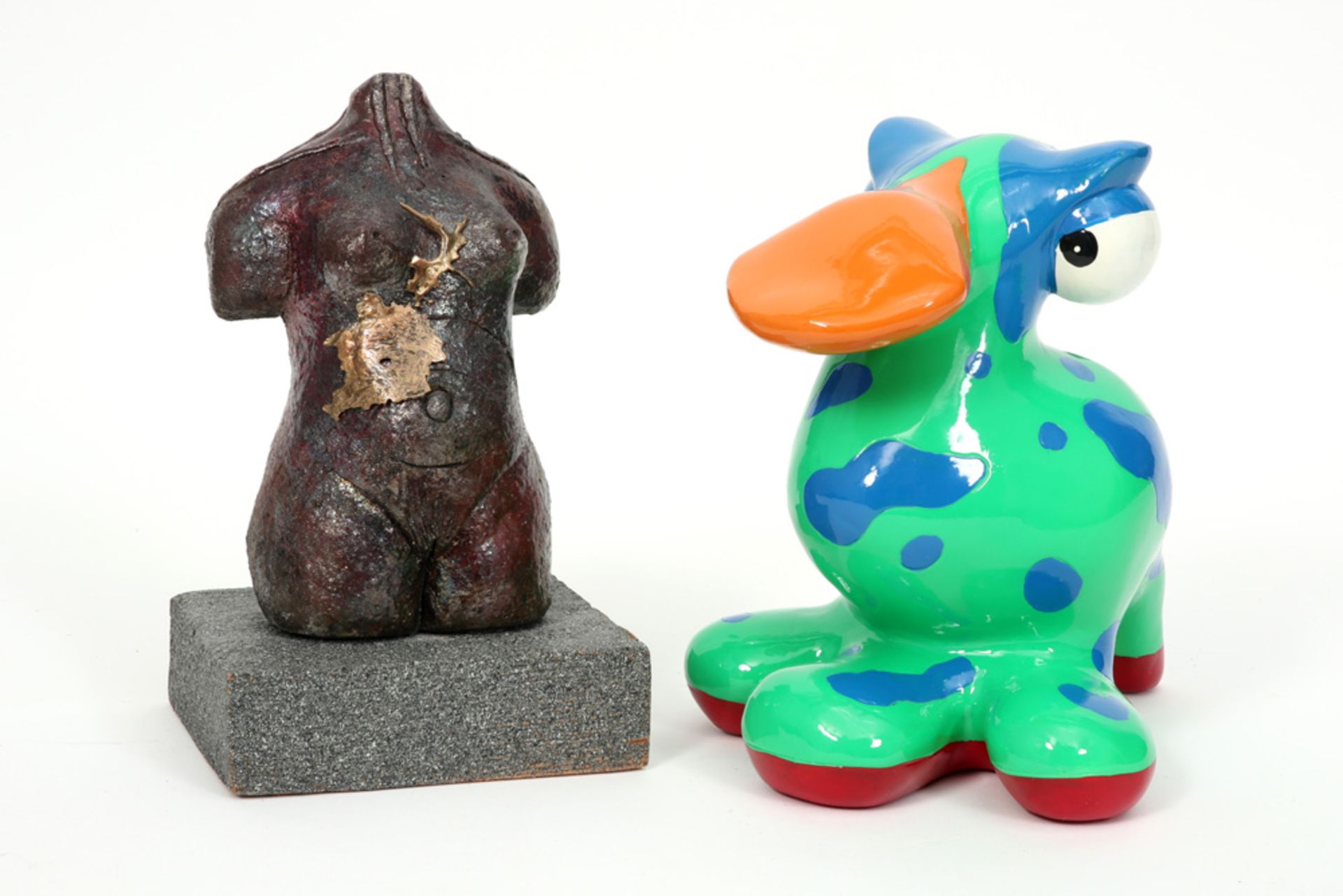 illegibly signed sculpture in terracotta and a Belgian resin sculpture/piggy bank signed Wim de Prez