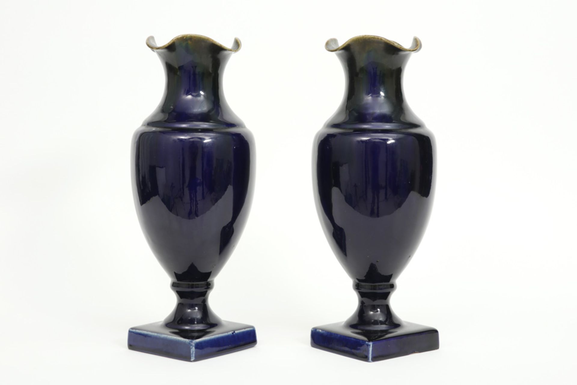 pair of Belgian ceramic vases with a blue glaze