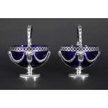 pair of antique Dutch neoclassical baskets with bowl in blue glass and mountings in marked silver