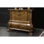 gorgeous 18th Cent. chest of drawers in burr of walnut with hidden corner doors ("clap knees"), whic