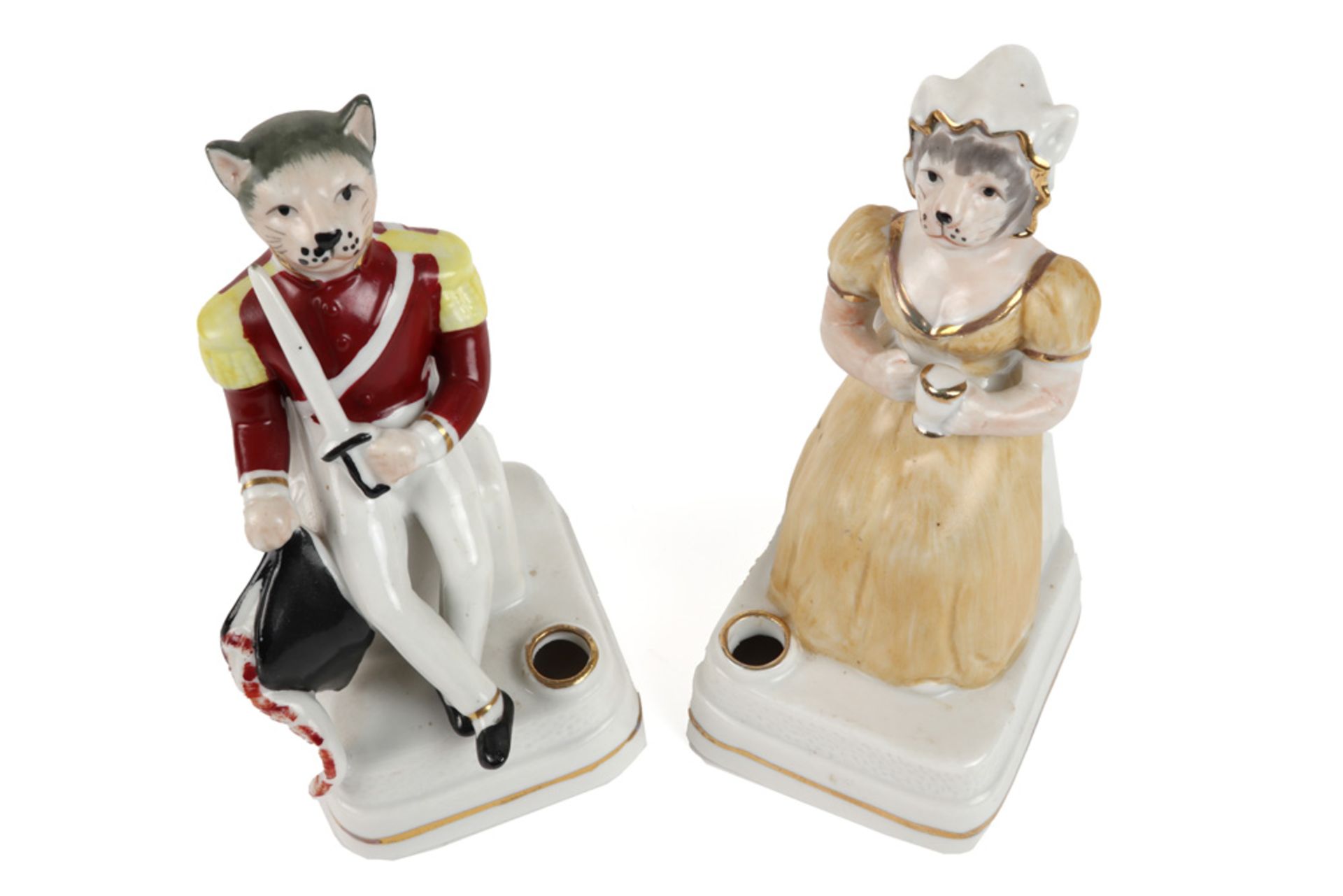 pair of German porcelain Art Deco inkwells each with a figure with a cat's head - Image 2 of 2