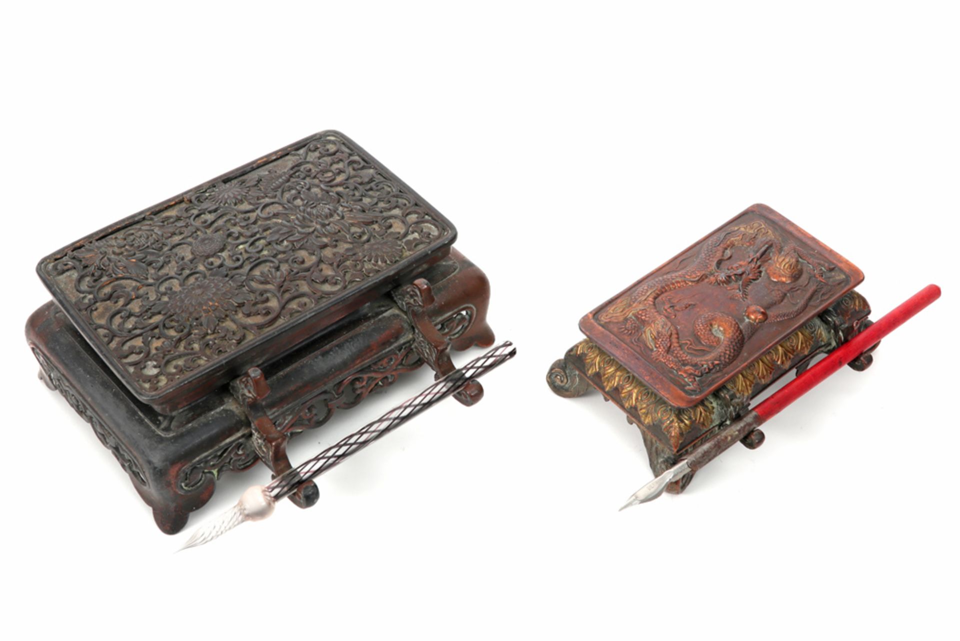 two antique Chinese style inkstands, one in gilded metal (with dragon decor) and one in bronze