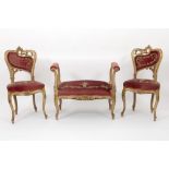 19th Cent. set of two chairs and a small bench in polychromed wood with original upholstery