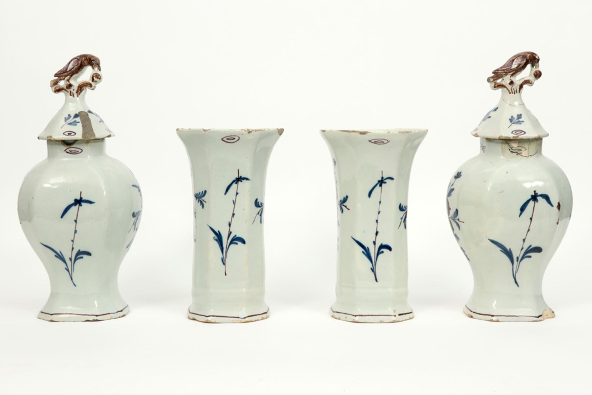 antique 4pc garniture in ceramic from Delft with a polychrome decor - Image 2 of 5