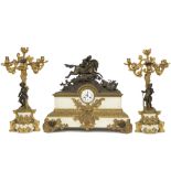 19th Cent. 3pc garniture in marble and partially gilded metal : a pair of candelabra (each with a fi