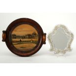 lot with a mirror with Murano glass frame and a round wooden tray with a depiction of Versailles, si
