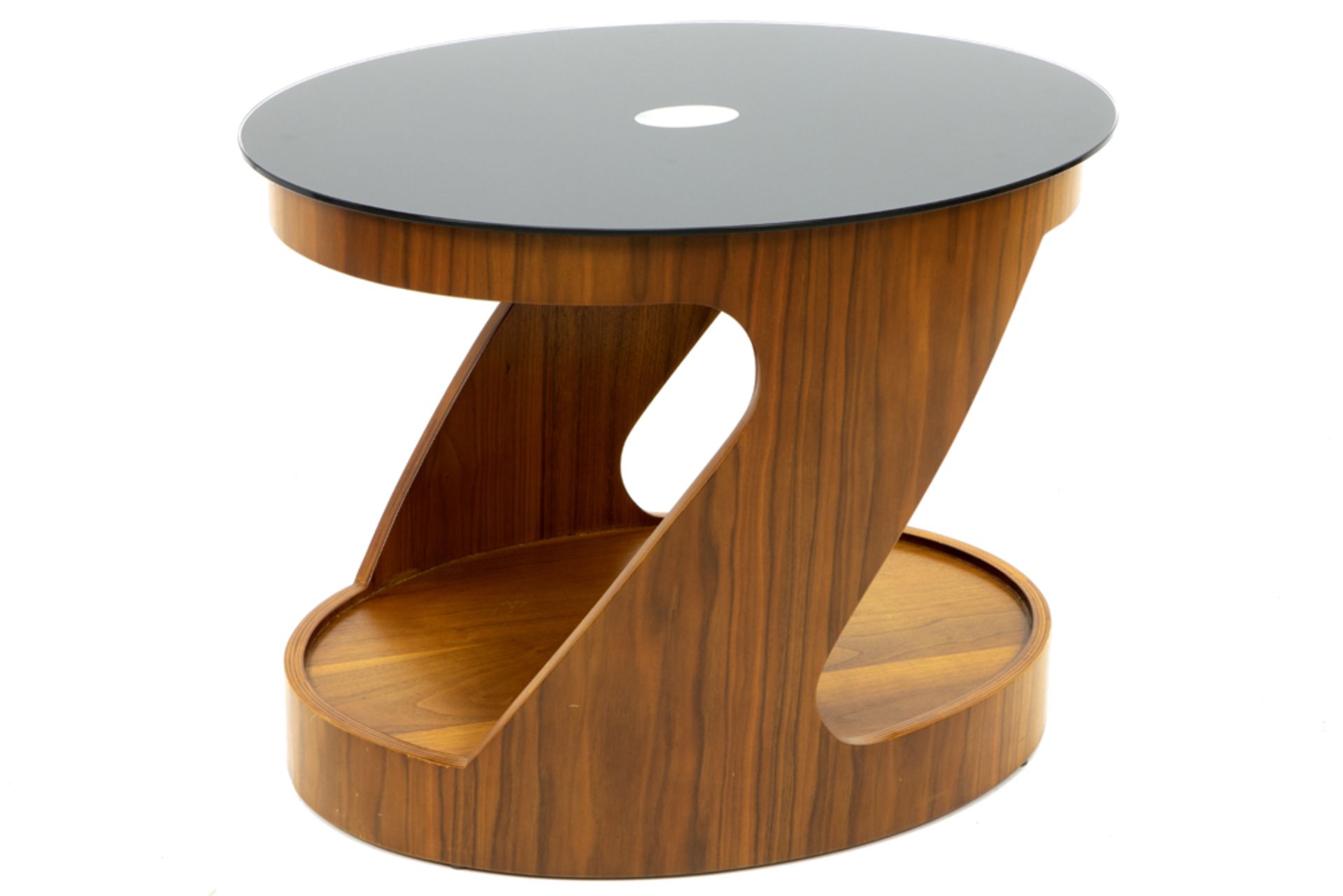 oval Jual Furnishings Wells occasional design table in walnut with top in black glass