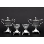 antique 4pc cruetset in clear crystal and silver, marked with a 19th Cent. Belgian exportmark