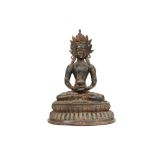18th/19th Cent. Tibetan "Buddha Amitayus" sculpture in an brass alloy with remains of lacquerware an