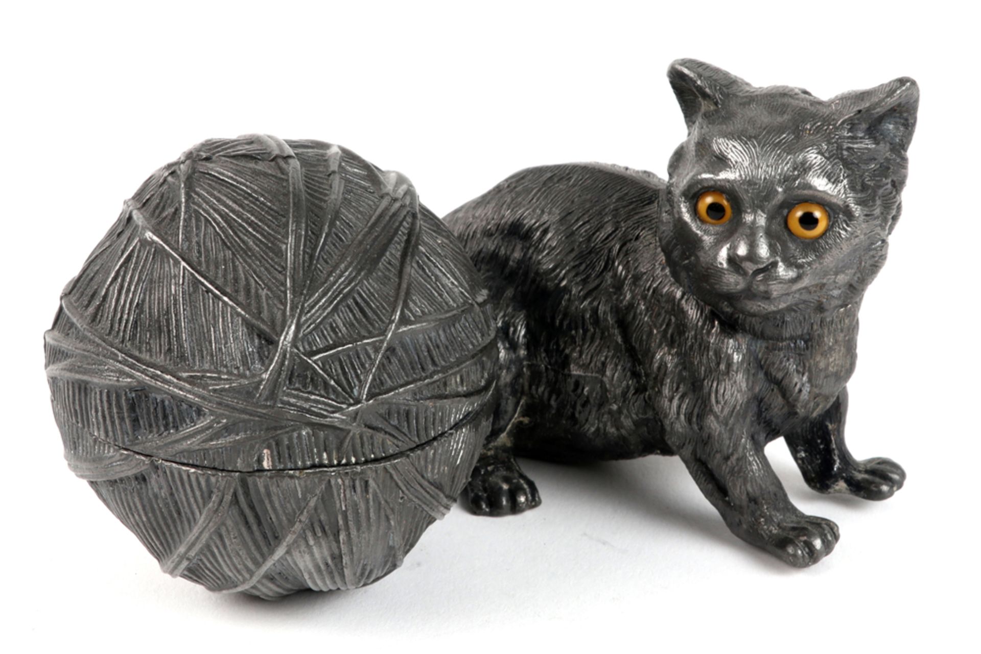 antique silverplated pewter inkwell in the shape of a cat (with glass eyes)
