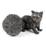 antique silverplated pewter inkwell in the shape of a cat (with glass eyes)