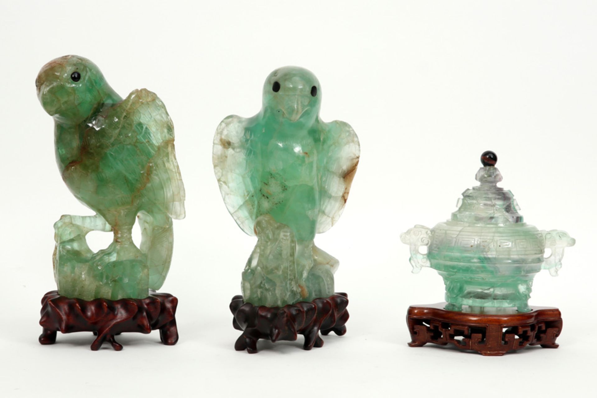 three pieces of jade : a pair of birds and a lidded jar