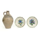 3 pieces of antique earthenware : two plates and a pitcher