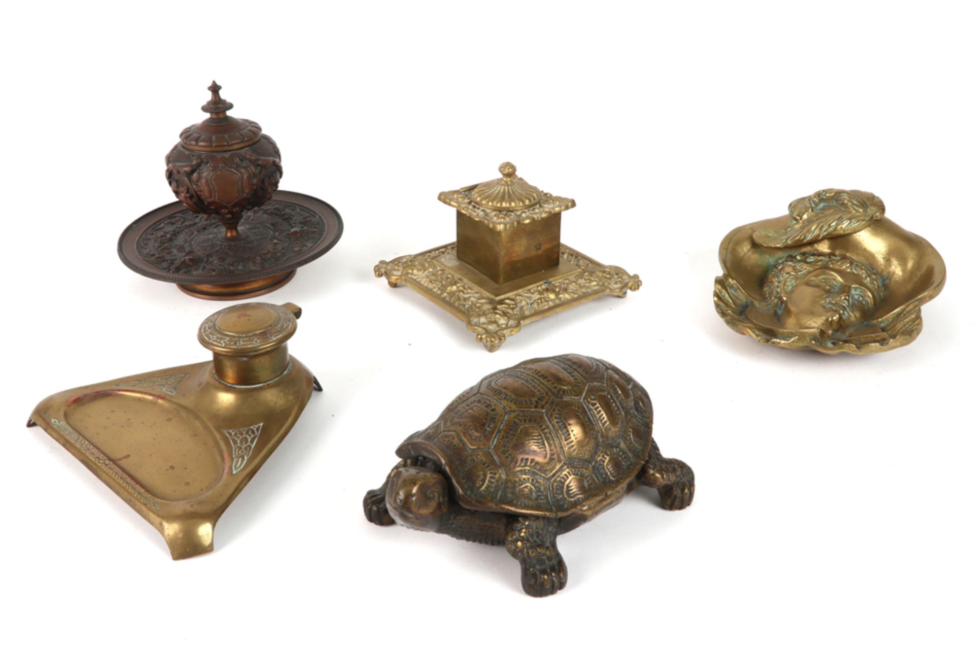 five antique and old bronze inkstands amongst which a tortoise