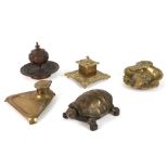 five antique and old bronze inkstands amongst which a tortoise