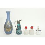 five pieces of antique glass : three perfume bottles, a vase and an Art Nouveau pitcher