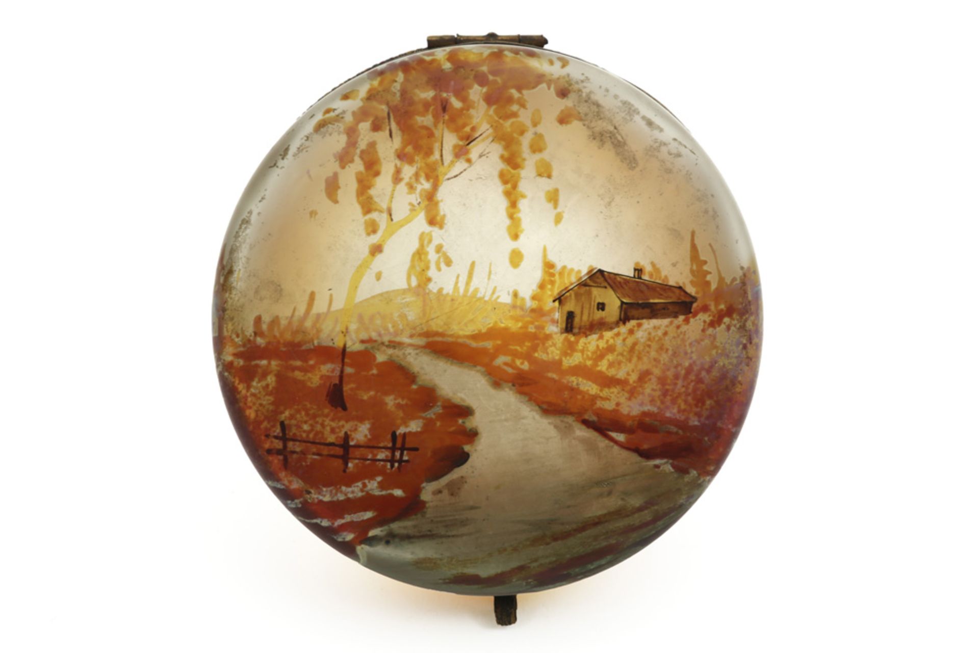 lidded Art Nouveau box in glass with a landscape decor in brownish colors - Image 2 of 4