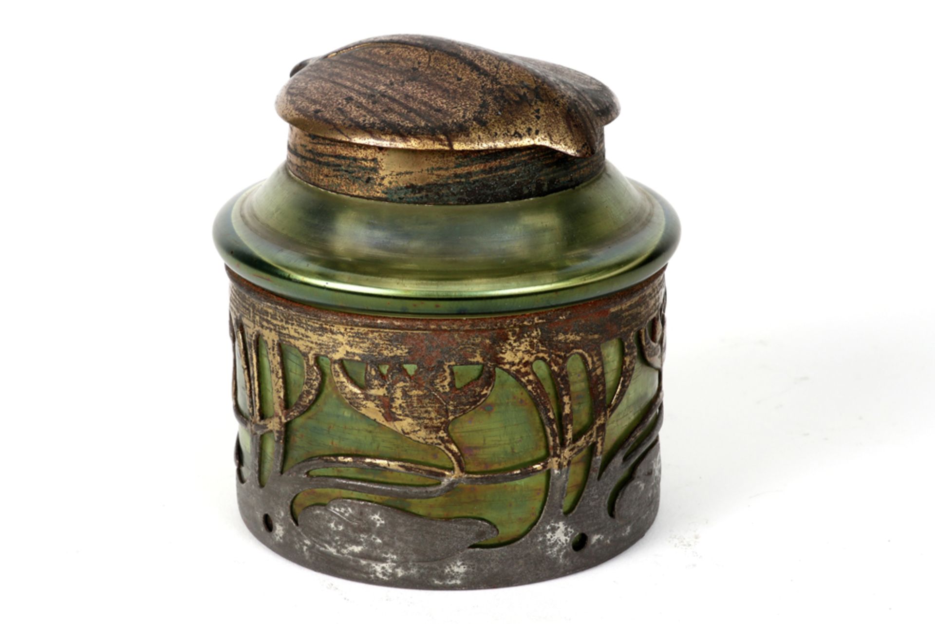 German marked Art Nouveau inkwell in glass (maybe by Loetz) with a silverplated mounting