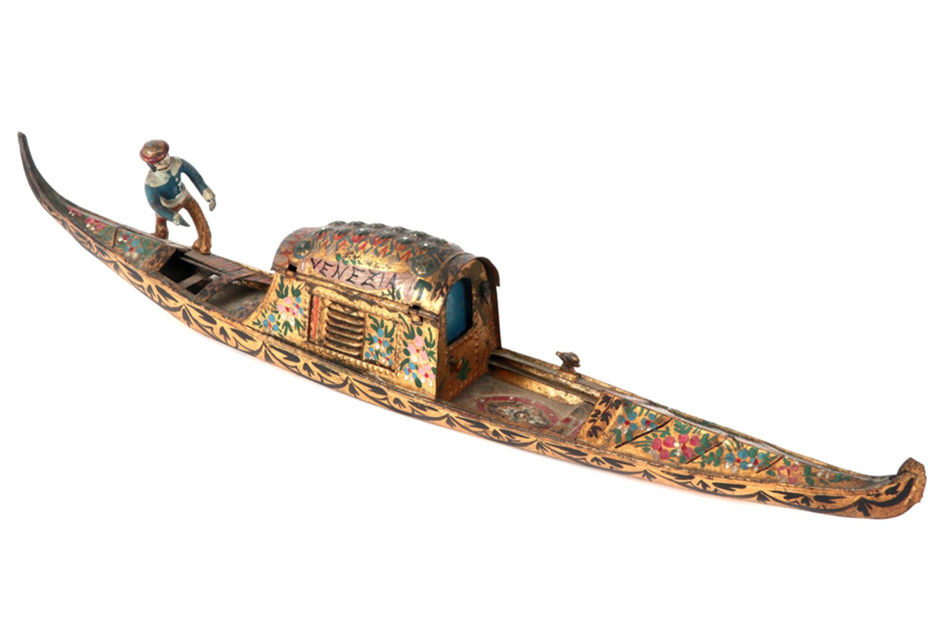 probably Italian inkstand in polychromed metal depicting a Venetian gondola and gondelier  -  with a