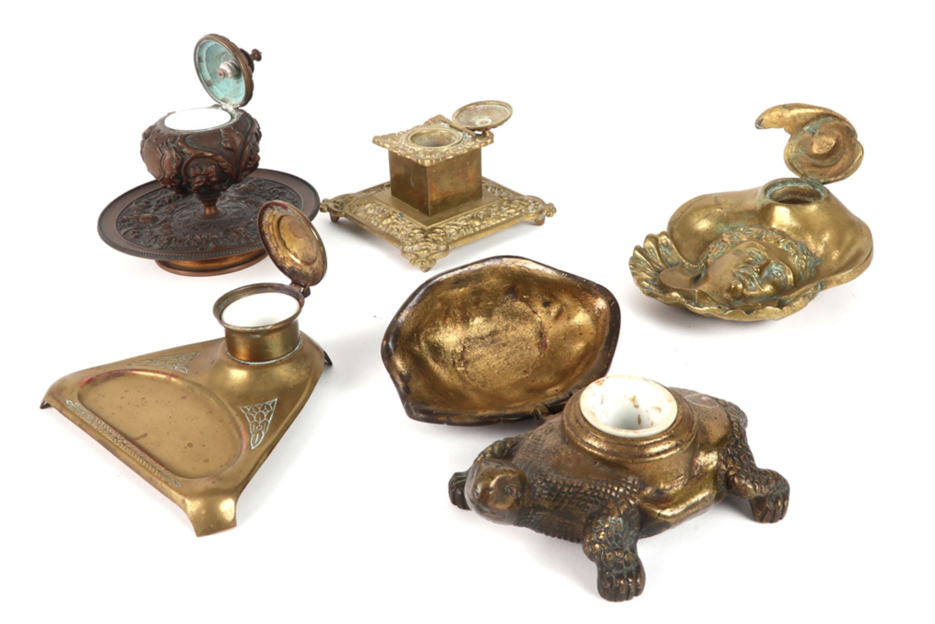five antique and old bronze inkstands amongst which a tortoise - Image 2 of 2
