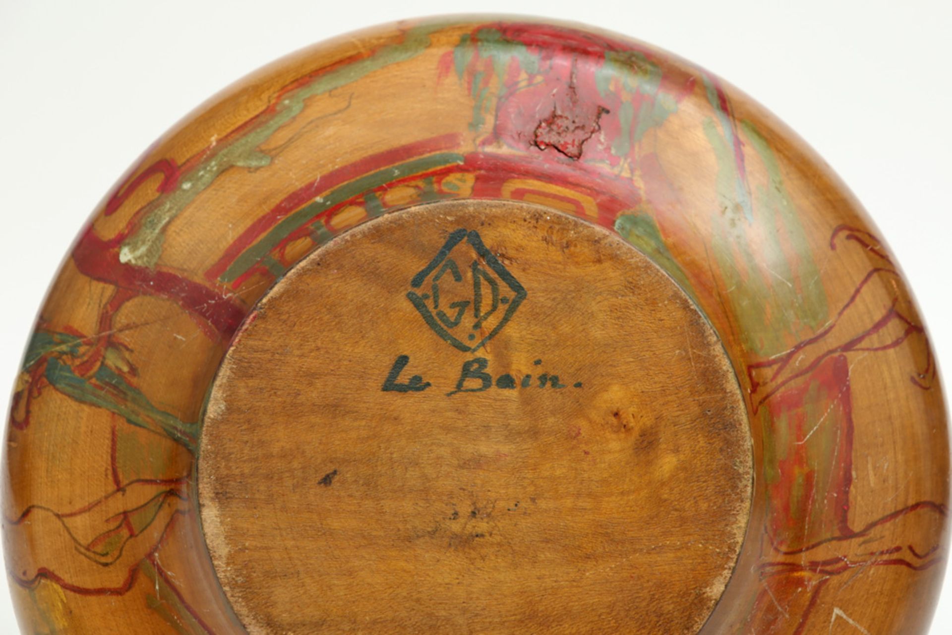 twenties' Art Deco bowl in wood with a painted decor - with "G D" monogram - Image 4 of 4