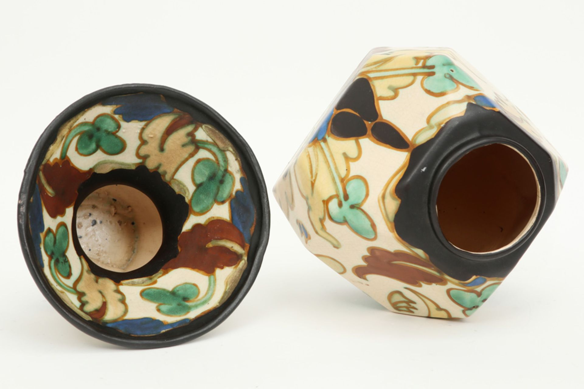 two Belgian Art Deco vases in marked ceramic with a polychrome vegetal decor - Image 3 of 6