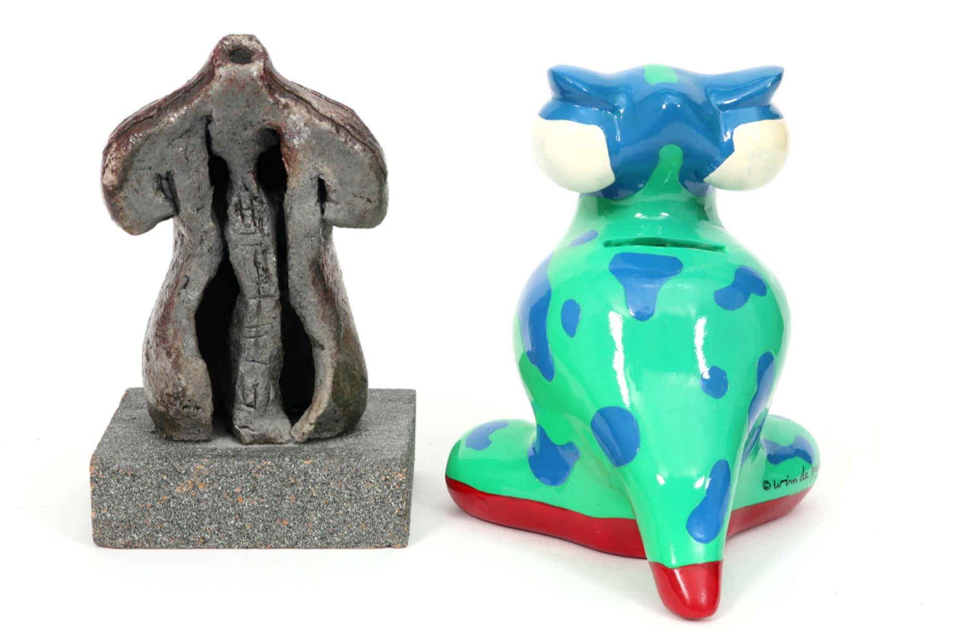illegibly signed sculpture in terracotta and a Belgian resin sculpture/piggy bank signed Wim de Prez - Image 2 of 3