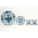 various lot of Delftware with blue-white decor : an 18th Cent. dish and plate and two tiles