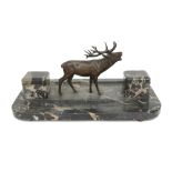 Art Deco desk garniture in marble with two inkwells and with a metal "deer" sculpture