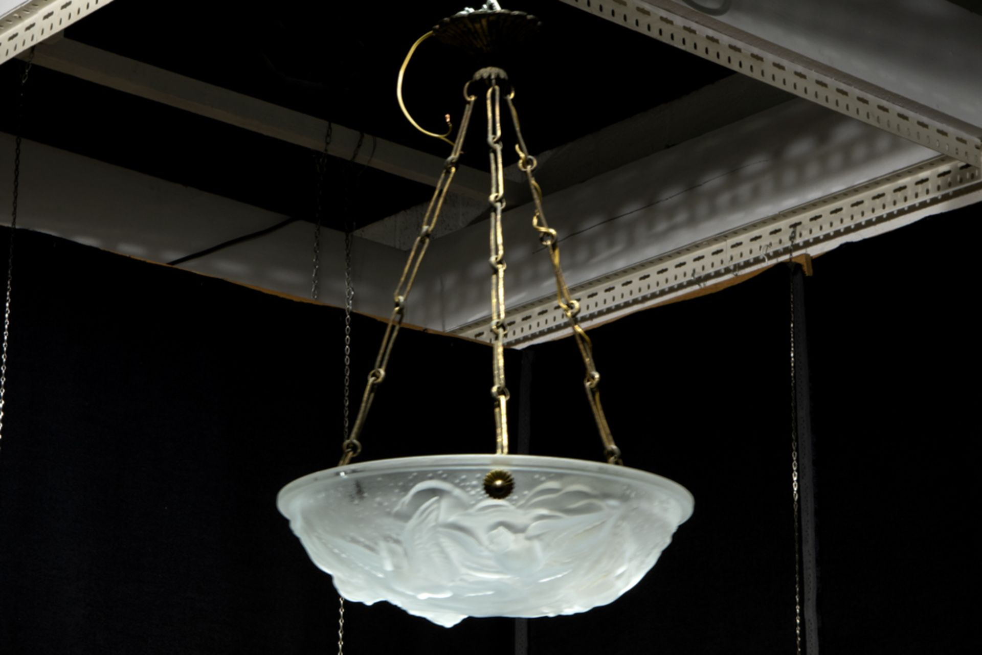 French Müller frêres Lunéville signed Art Deco chandelier in glass ||MÜLLER frêres LUNEVILLE Art