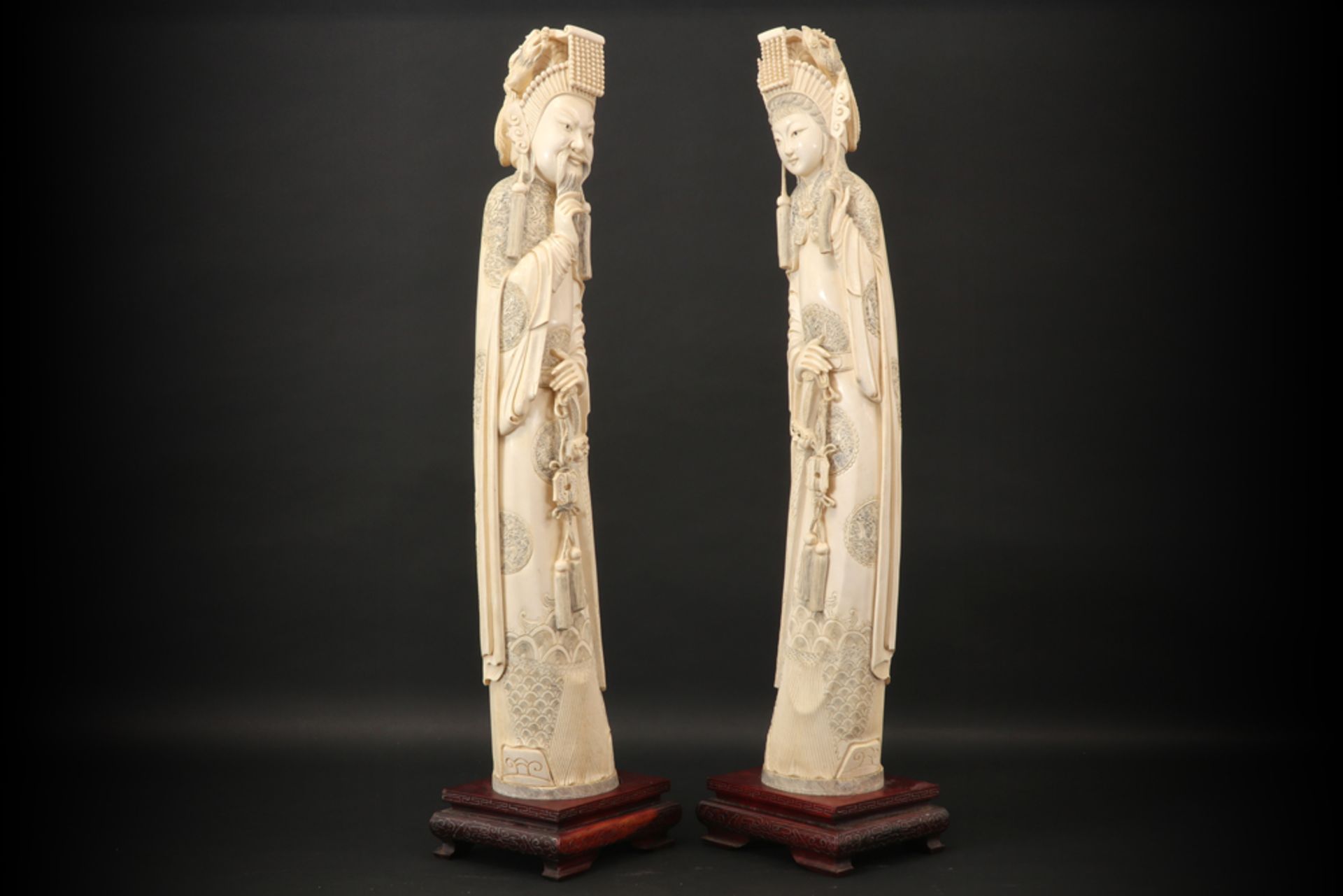 pair of quite big 1930's Chinese ivory "Emperor" and "Empress" sculptures - with CITES - Image 2 of 4