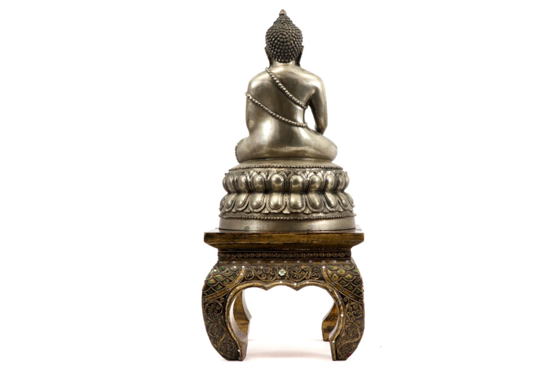 Burmese Shan style "Buddha" sculpture in silverplated bronze - on a gilded stand ||Birmaanse - Image 4 of 6
