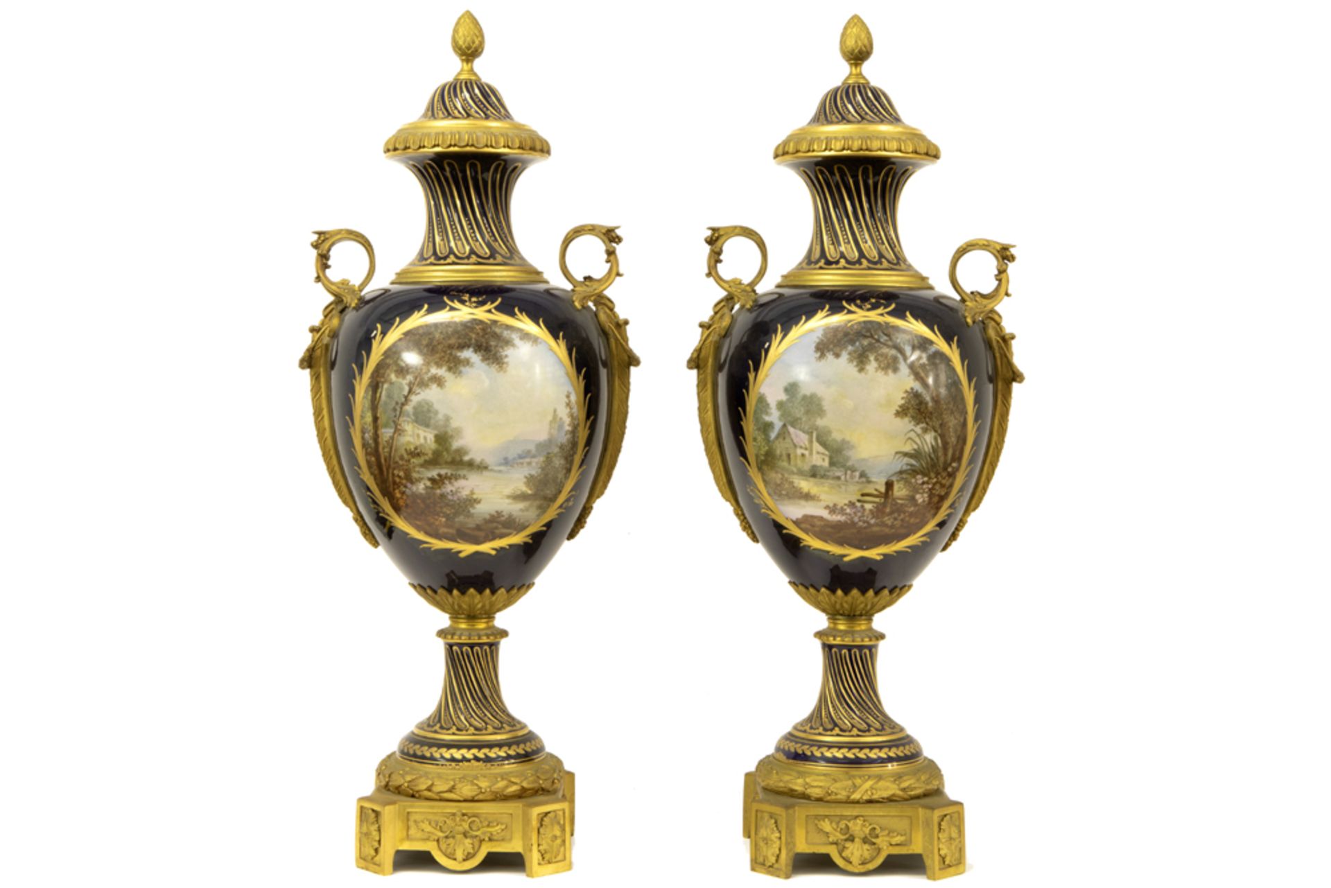 quite imposing 19th Cent. French pair of lidded Napoleon III vases in Sèvres marked porcelain with - Bild 3 aus 6