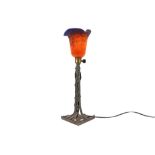 French Rhetondes signed Art Deco lamp in wrought iron and glass ||RHETONDES Franse Art Deco-lamp met